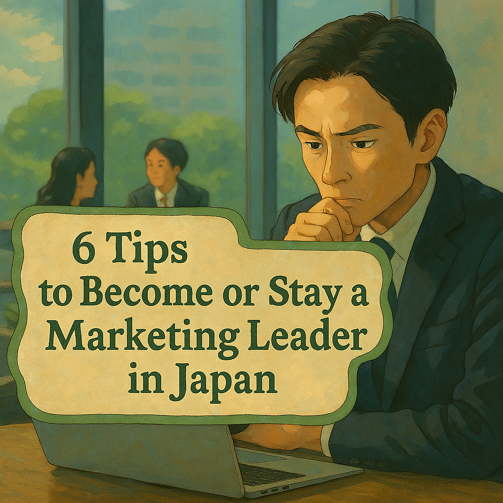 Japanese businessman thinking with 6 tips to Become or Stay a Marketing Leader in Japan written
