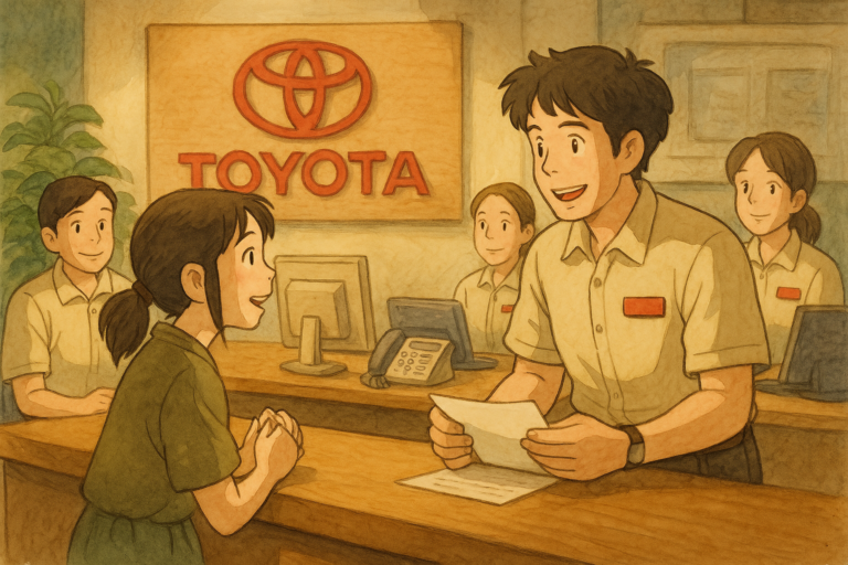 Toyota customer service employee helping a customer in anime style.