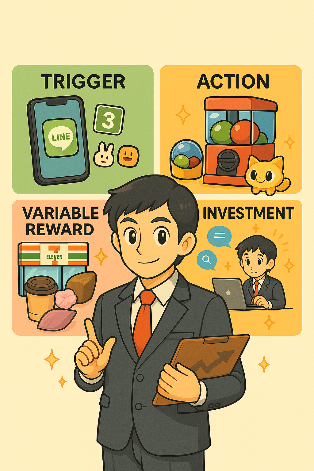 Anime style image with trigger, action, variable reward, and investment written behind a man in a suit.
