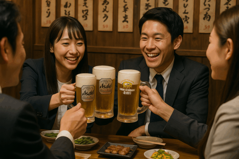 Japanese workers drinking beer together at a nomikai.