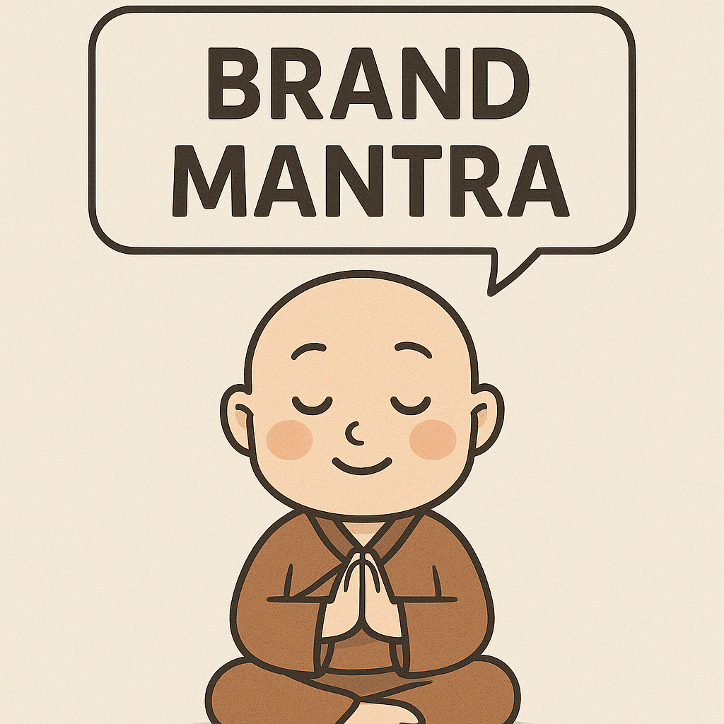A monk with palms together sitting, with Brand Mantra over head.
