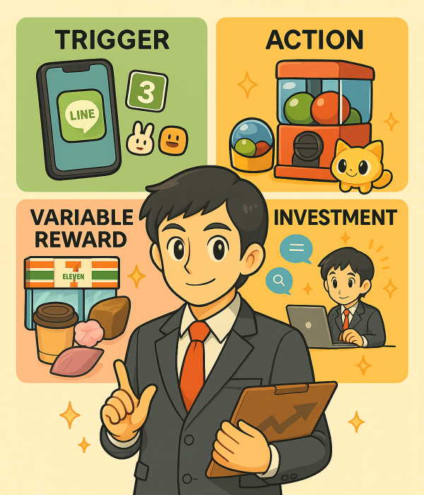 Anime style image with trigger, action, variable reward, and investment written behind a man in a suit.