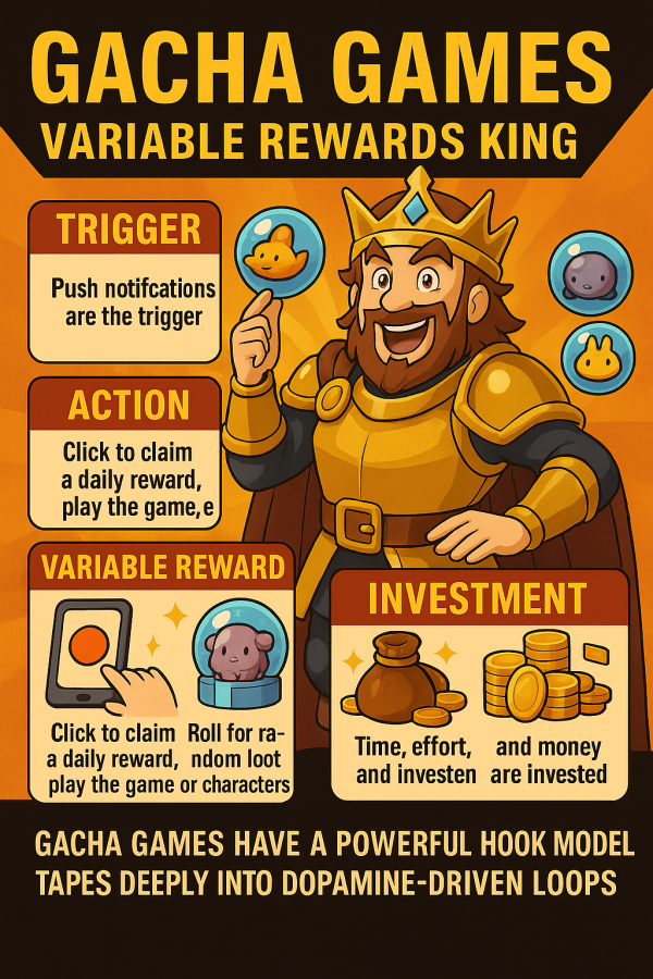 Gatcha Games trigger, action, variable reward, and investments.