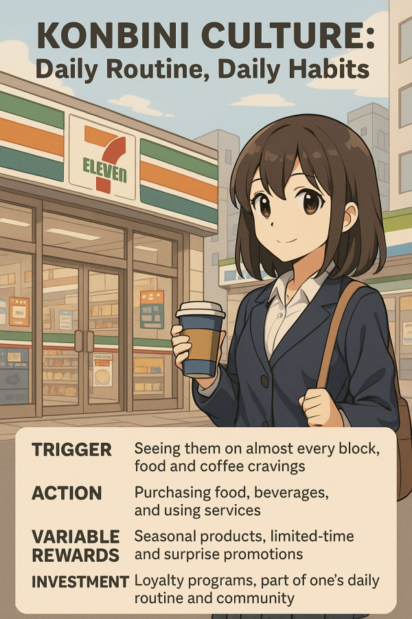 Girl on front of a Seven-Eleven, with triggers, action, variable reward, and investment they use.