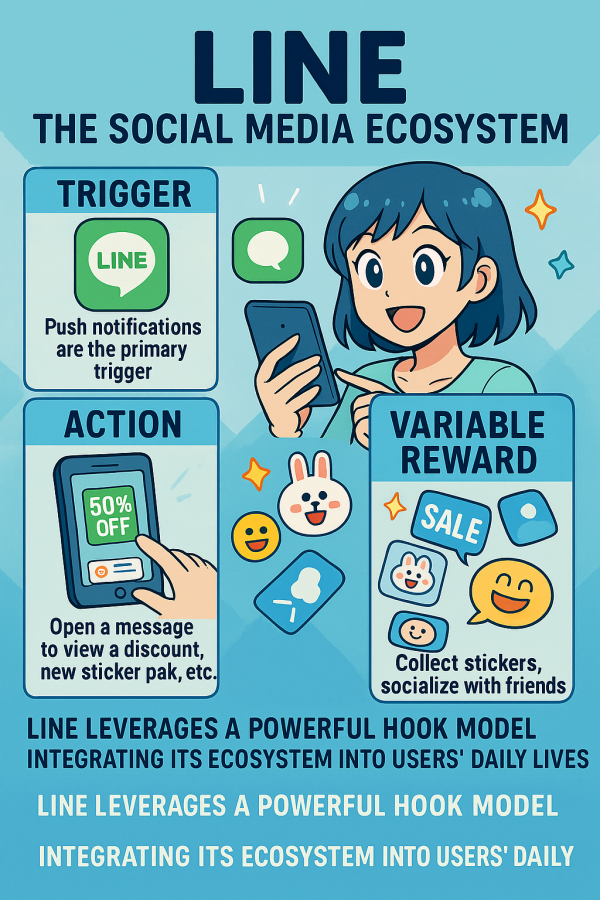 An image highlighting LINE triggers, actions and variable rewards.